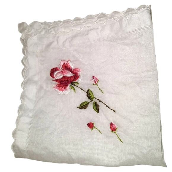 Vintage White Handkerchief with Embroidered Red Rose Scalloped Edge Sheer Hanky - Picture 2 of 3